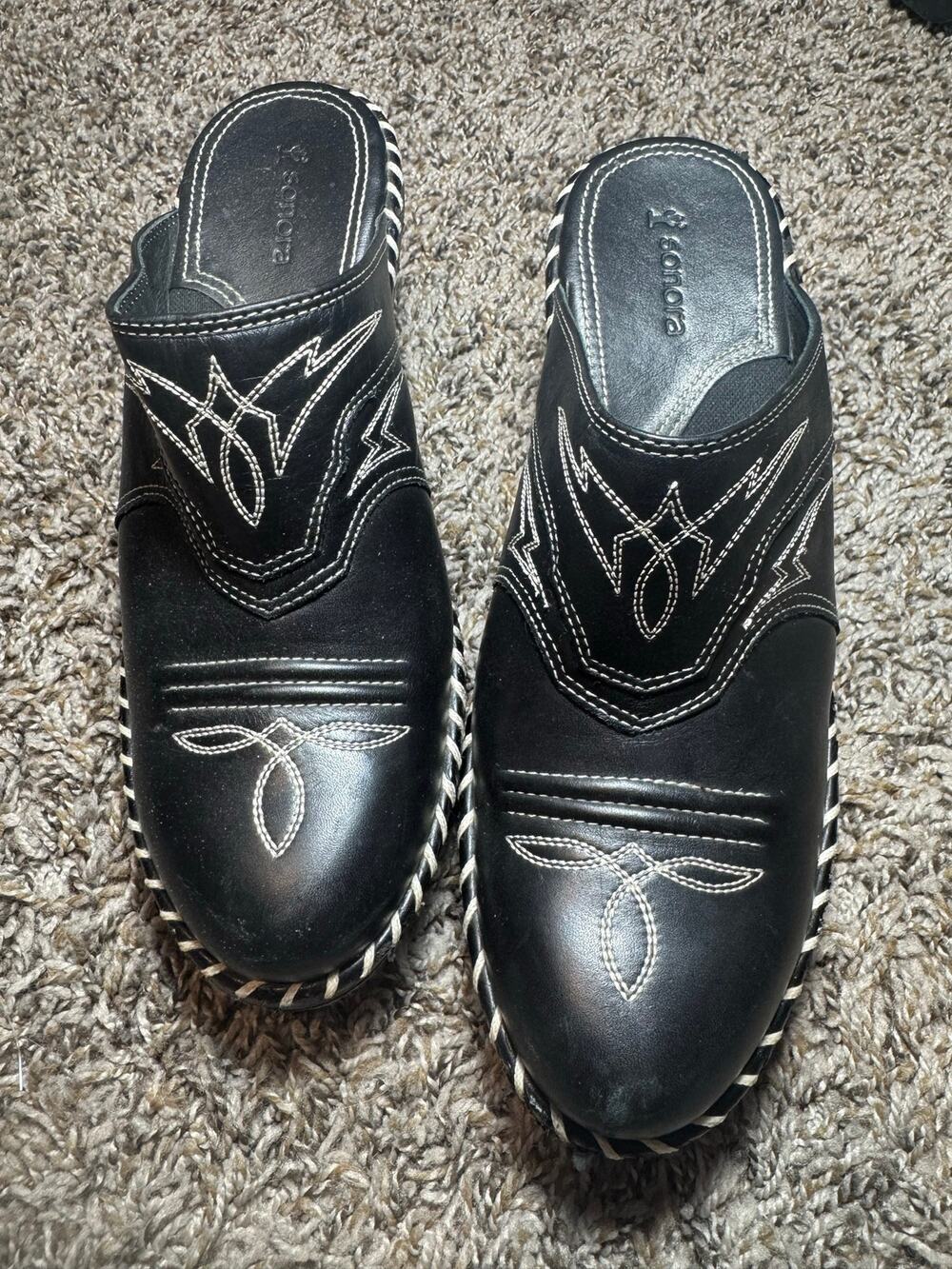 Vintage Sonora Black Leather Western Mules Clogs Embroidered Women's Size 7.5M